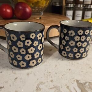 Cute Vintage Floral Stoneware Pottery Mug Pair